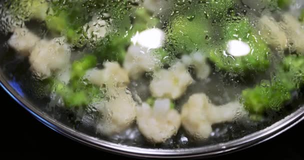 Świeże krojone warzywa smażone są na patelni przez szklaną osłonę, Skup się na kroplach wody na szklanej osłonie, kalafiorze, brokułach, haricot, jasnym i dietetycznym naczyniu, zdrowym stylu życia — Wideo stockowe