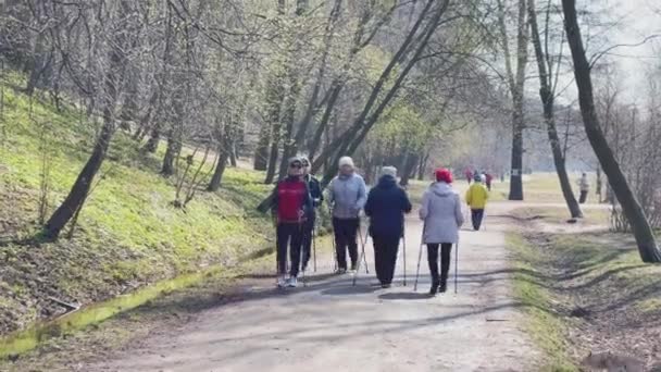 Rusia, San Petersburgo, 22 de abril de 2021: El grupo de personas mayores hace ejercicios físicos sobre la aptitud física con palos en el parque en un clima soleado de primavera — Vídeos de Stock