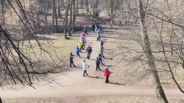 Rusia, San Petersburgo, 22 de abril de 2021: El grupo de personas mayores hace ejercicios físicos sobre la aptitud física con palos en el parque en un clima soleado de primavera — Vídeo de stock