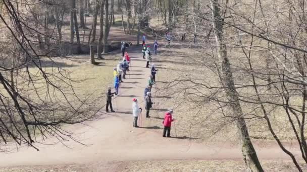 Russia, San Pietroburgo, 22 aprile 2021: Il gruppo di anziani fa esercizi fisici di fitness con bastoni nel parco durante il bel tempo primaverile — Video Stock