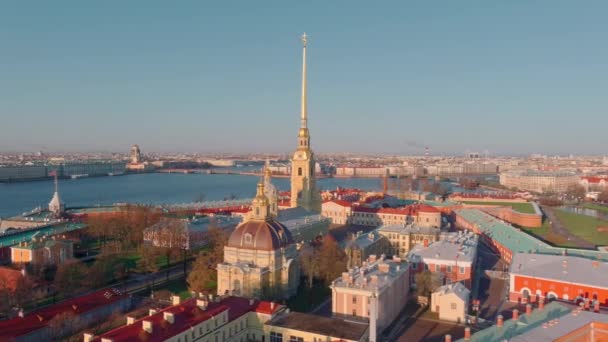 The morning flight around the Peter and Paul cathedral and fortress, the sights of St. Petersburg, the Neva river, the Hermitage museum, Rostral columns, bridges, St. Isaac cathedral, the Admiralty — Stock Video