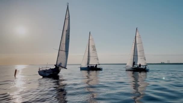 Rússia, São Petersburgo, 18 de junho de 2021: Alguns veleiros em uma lista vai pelo mar ao pôr-do-sol, ainda água, o céu claro, regata vela, reflexo da vela sobre a água, ondas pequenas — Vídeo de Stock