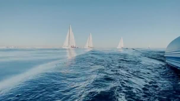 Vue de la course à voile à partir d'un bateau à moteur en caoutchouc judiciaire, certains voiliers dans une liste va par la mer, le ciel clair, régate de voile, réflexion de la voile sur l'eau — Video