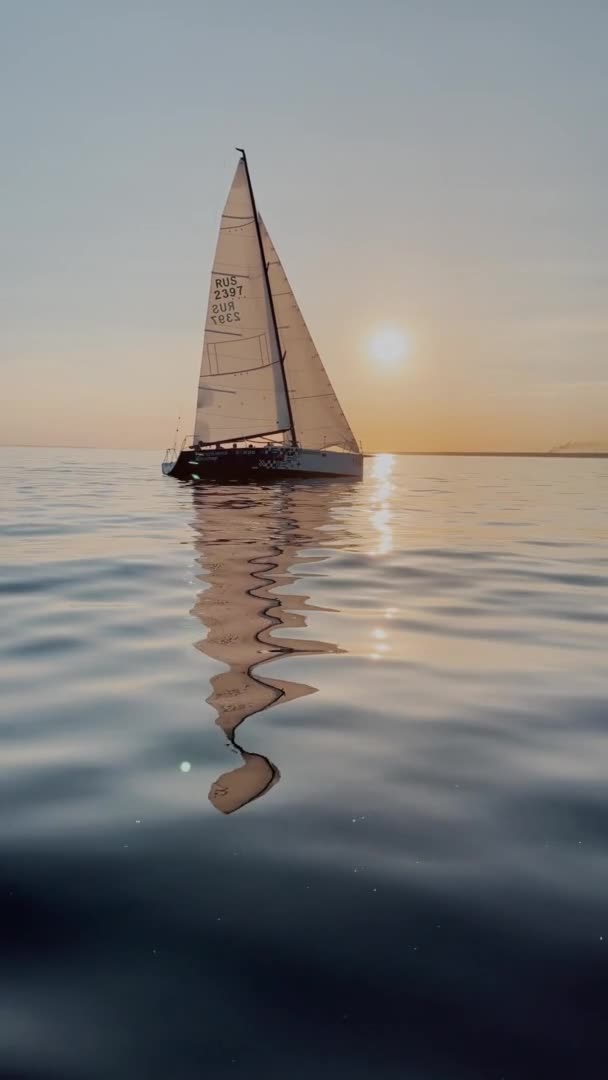 2021年6月18日，圣彼得堡：一些帆船在日落时经海路航行，静水，晴朗的天空，帆板，水面上的反光，小浪 — 图库视频影像