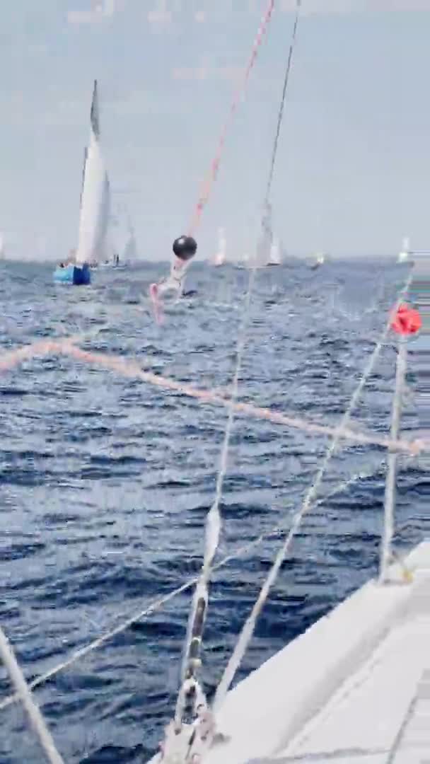 Regata de veleros en día soleado, barcos de diferente viraje, equipos se preparan para poner gennaker, el cielo despejado, vela, reflejo de la vela en el agua — Vídeo de stock