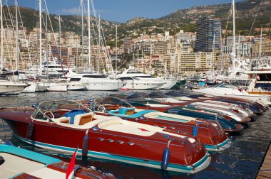 Monaco, Monte-Carlo, 25.09.2008: Yacht Show, Port Hercule, luxury yachts in harbor of Monaco, Etats-Uni, Piscine, Hirondelle, riva boats parking