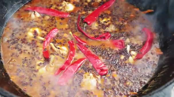 Usbekisches Nationalgericht pilaf in einem großen gusseisernen Kessel auf dem Feuer, in Scheiben geschnittene rote Karotten, hinzugefügte Berberitze, Knoblauch und rote Chilischote, kochend, Reis, Lamm, Hammelfett, der Fettschwanz, Sesamöl — Stockvideo