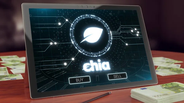 Bilgisayar tabletinde Chia madeni para şifreli para logosu var. Neon parlak engelleme zinciri sembolü 3D illüstrasyon