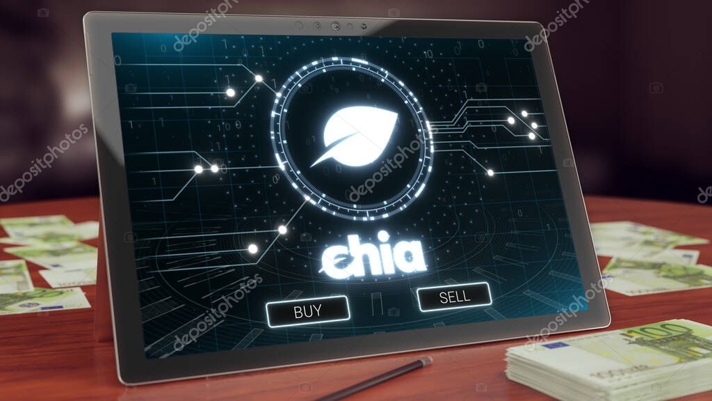 Chia coin cryptocurrency logo on the pc tablet display. Neon bright blockchain symbol 3D illustration