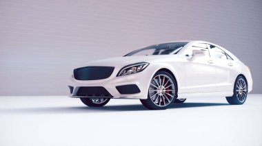 Açık arkaplanda beyaz sedan araba 3D görüntüleme