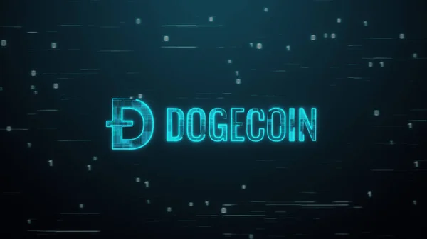 Doge kripto para birimi fütürist neon sembolü. İkili kod ve hız çizgileri arkaplan çizimi