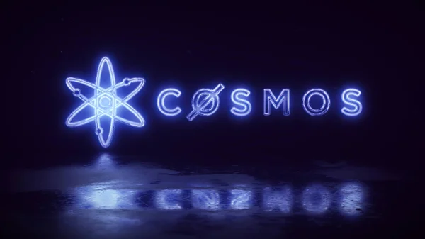 Cosmos Criptomoneda Símbolo Brillante Signo Neón Ilustración — Foto de Stock