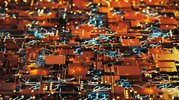 Nano teknoloji, elektronik çip bileşenleri duvar kağıdıyla basılmış devre kartı. Fütürist soyut arkaplan 3D illüstrasyon