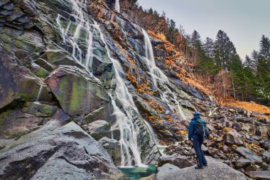 Kuzey İtalya 'daki Adamello-Brenta Doğal Parkı Val di Genova' daki Nardis şelalelerine hayran olan genç adam.