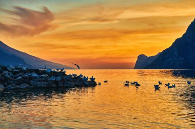 Güzel Garda Gölü 'nün dağlarla çevrili görüntüsü, Garda Gölü' nde gün batımının manzarası, güzel günbatımı renkleri, İtalya, uzun pozlardan dolayı yumuşak odak
