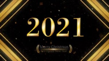 Animasyon Altın Metin 2021 Mutlu Noeller ve kart tasarımı için altın kurdeleli yeni yıl.