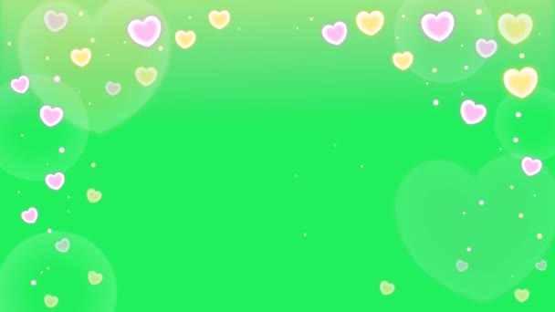 Анимация Розовых Желтых Сердец Рамкой Виде Пса Зеленом Фоне — стоковое видео