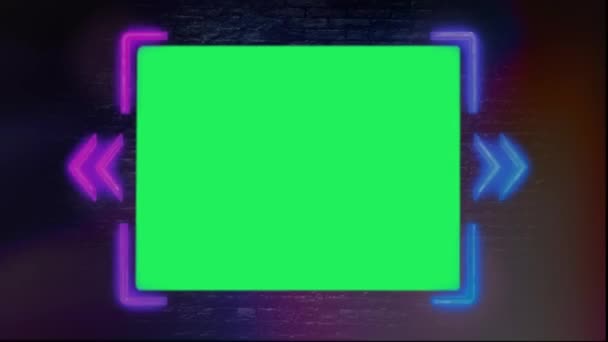 Animatie Geometrie Neon Licht Kleurrijk Glow Frame Met Groene Ruimte — Stockvideo