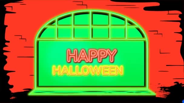 Animation Text Happy Halloween Yellow Moon Green Background — Stock Video