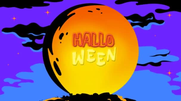 Κείμενο Κινουμένων Σχεδίων Happy Halloween Κίτρινο Φεγγάρι Πράσινο Φόντο — Αρχείο Βίντεο