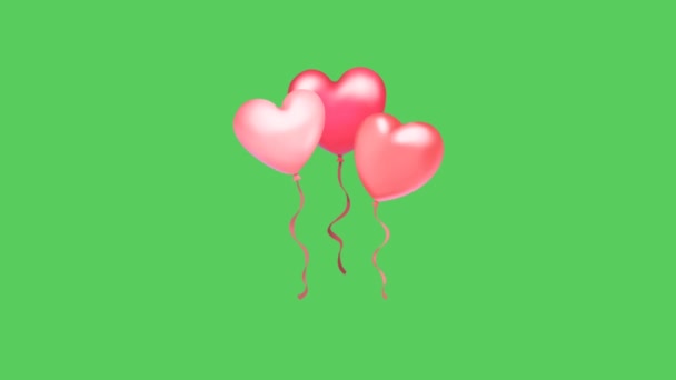 Des Ballons Roses Réalistes Forme Coeur Flottent Sur Fond Vert — Video