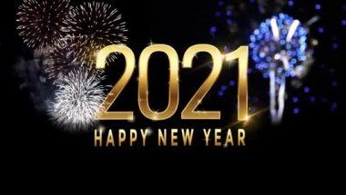 Animasyon Metni Mutlu Yeni Yıl 2021 renkli havai fişekli kart tasarımı.