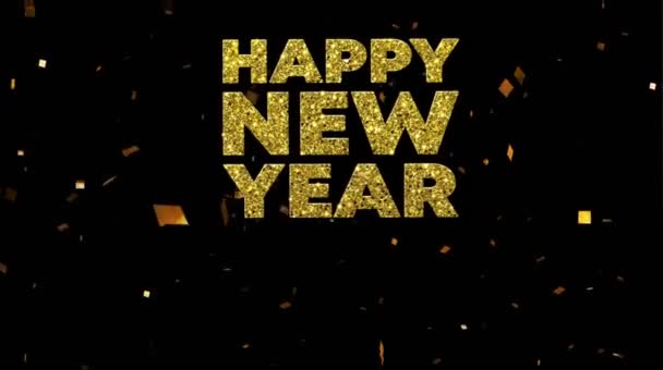アニメ黄金のテキスト黒の背景に金色のリボンとカードのデザインのための幸せな新年 — ストック動画