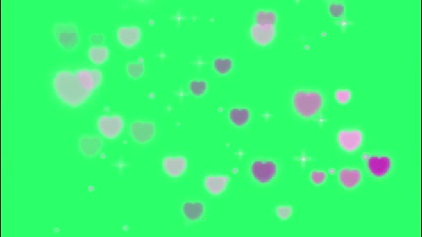 Animation Purple Hearts Shape Light Bokeh Green Background — Stock Video