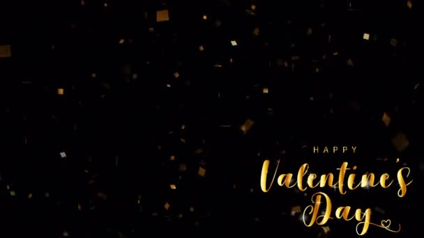 Animacja Złoty Tekst Happy Walentynki Lewym Rogu Złotymi Wstążkami Czarnym — Wideo stockowe