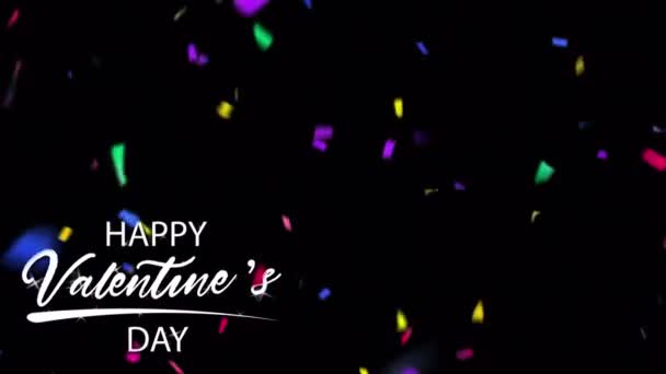 Animation White Text Happy Valentine Day Right Corner Colorful Ribbons — стоковое видео