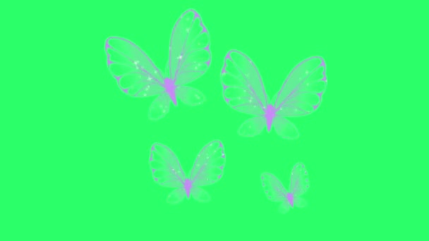 Animation purple butterfly swarm on green background.