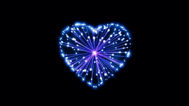 Realistische Blaue Feuerwerk Herzform Auf Schwarzem Hintergrund — Stockvideo