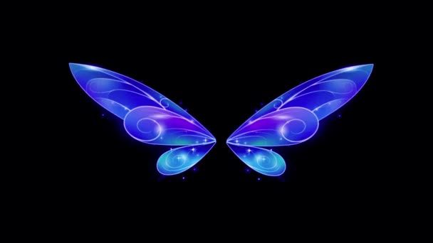 黑色背景的动画蓝蝴蝶翅膀奇幻风格 — 图库视频影像