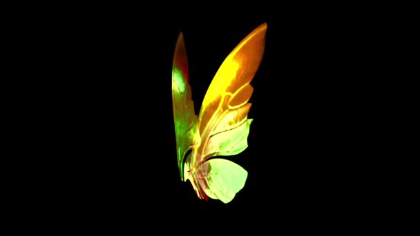 Animation Yellow Butterfly Wing Fantasy Style Black Background — Stock Video