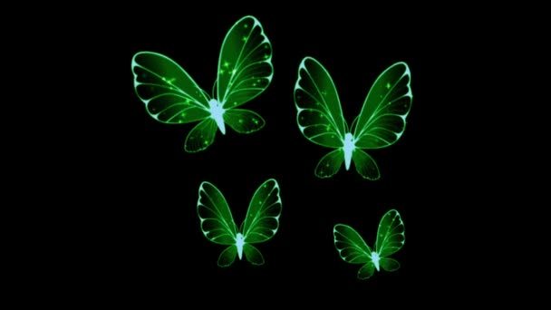 Κινούμενα Σχέδια Πράσινο Πεταλούδα Πτέρυγα Μαύρο Φόντο — Αρχείο Βίντεο
