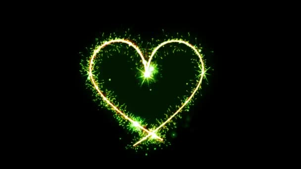 Luz Verde Partículas Brillantes Forma Corazón Sobre Fondo Negro — Vídeo de stock