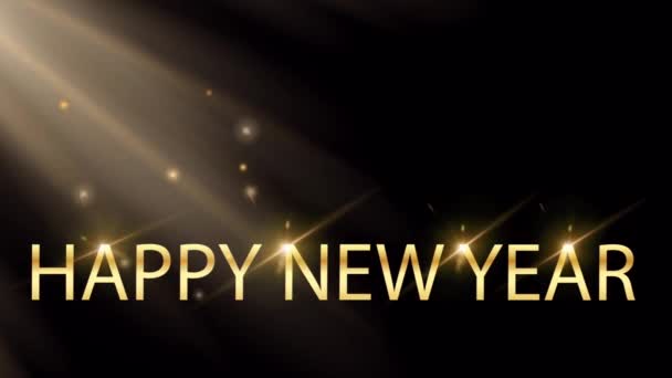 金色文字Happy新年与现实橙色阳光泄漏黑色背景 — 图库视频影像