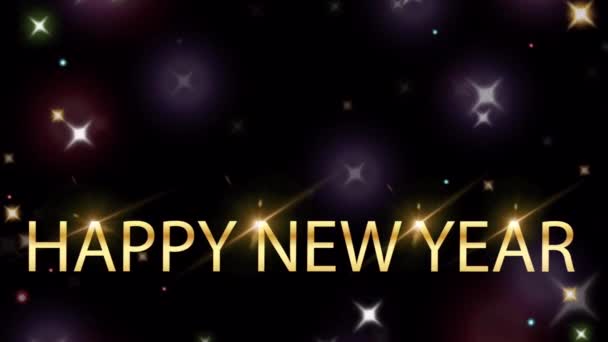 金字Happy新年与橙色光闪烁的粒子在黑色背景 — 图库视频影像