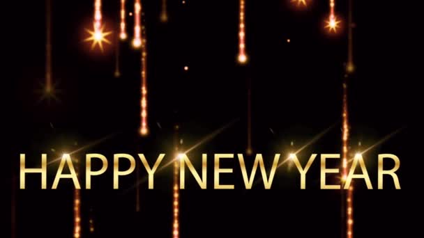 Goldener Text Happy New Year Mit Orangefarbenem Licht Funkelnden Partikeln — Stockvideo