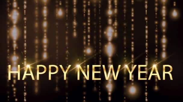 Goldener Text Happy New Year Mit Orangefarbenem Licht Funkelnden Partikeln — Stockvideo