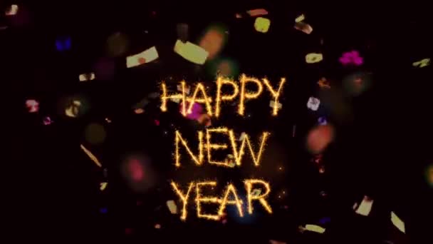 Golden Text Happy New Year Colorful Ribbons Sparkling Particles Black — Stock Video