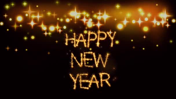 Texto Dorado Feliz Año Nuevo Con Partículas Brillantes Luz Naranja — Vídeos de Stock