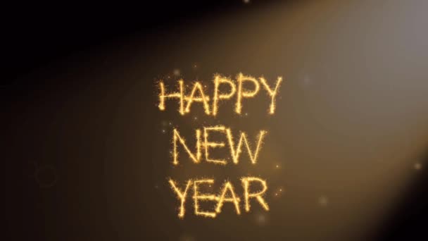 Altın Metin Mutlu Yıllar Siyah Arkaplanda Turuncu Güneş Işığı Var — Stok video