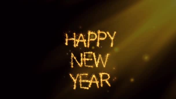 金色文字Happy新年与橙色阳光在黑色背景 — 图库视频影像