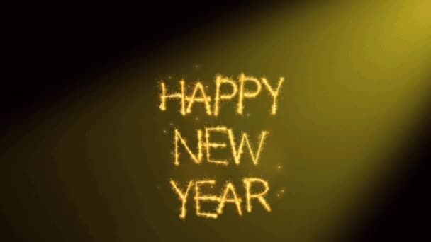 金色文字Happy新年与橙色阳光在黑色背景 — 图库视频影像