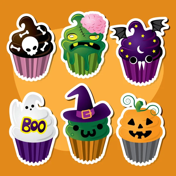 Conjunto bonito de cupcakes de Halloween — Vetor de Stock