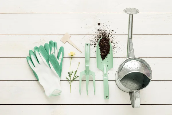 Primavera - herramientas de jardinería, regadera y guantes en madera blanca — Foto de Stock