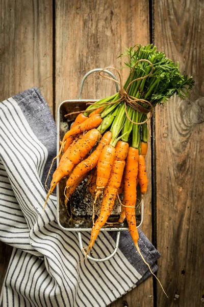 Gäng unga eller minimorötter på trä lantligt köksbord — Stockfoto