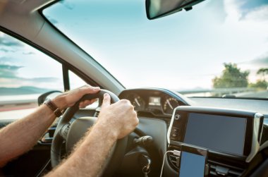 Direksiyon simidi bir arabanın içine ellerde adamın (ehliyet)