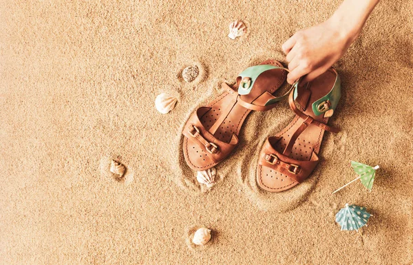 Sandalias Boho Cuero Verano Para Niñas Playa Calzado Para Vacaciones — Foto de Stock